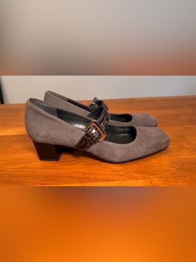 Franco Sarto Gray Suede Mary Jane with Brown Croc Strap and Buckle 6.5M